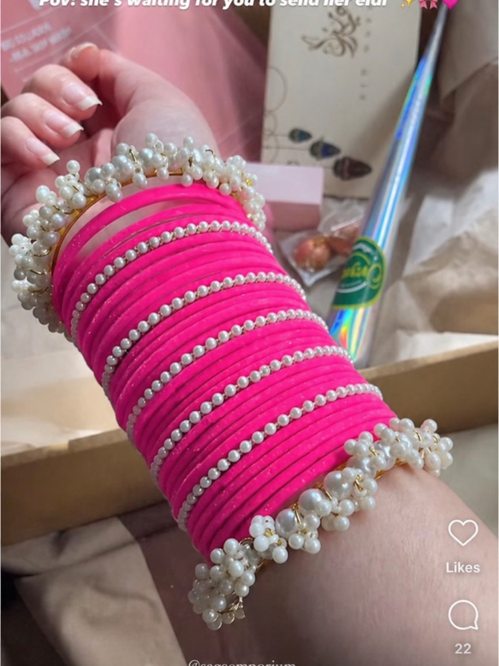 PAKISTANI DESIGNER BANGLES SET Pearl Trim Hot Pink Bangle Set